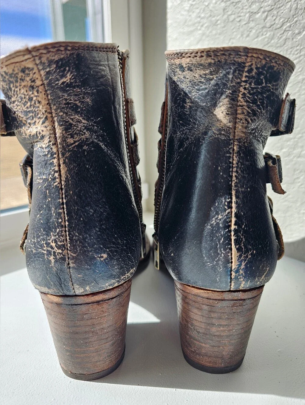 BED|STU Distressed Black Brown Leather Ankle Boots with Buckle Straps